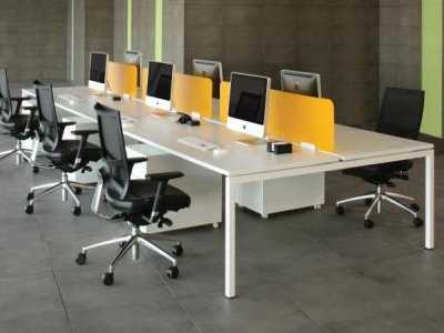 White 6 Desk Bench, Orange Perspex Screens